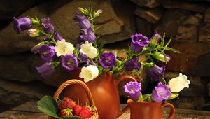 Preview wallpaper flowers, jugs, strawberry, basket, stone, table