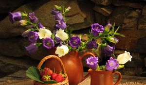 Preview wallpaper flowers, jugs, strawberry, basket, stone, table