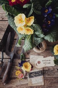 Preview wallpaper flowers, leaves, thread, wooden