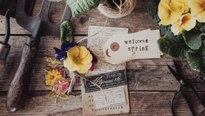 Preview wallpaper flowers, leaves, thread, wooden