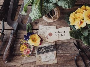 Preview wallpaper flowers, leaves, thread, wooden