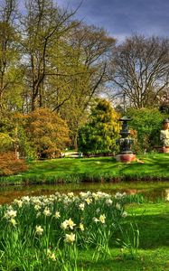 Preview wallpaper flowers, narcissuses, pond, garden, buddha, statues