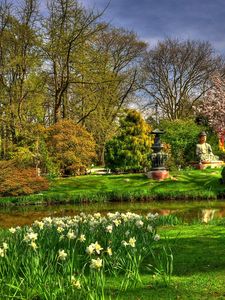 Preview wallpaper flowers, narcissuses, pond, garden, buddha, statues