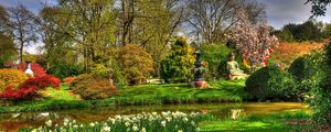 Preview wallpaper flowers, narcissuses, pond, garden, buddha, statues