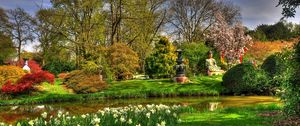 Preview wallpaper flowers, narcissuses, pond, garden, buddha, statues