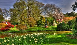 Preview wallpaper flowers, narcissuses, pond, garden, buddha, statues