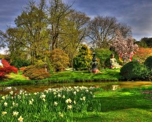 Preview wallpaper flowers, narcissuses, pond, garden, buddha, statues