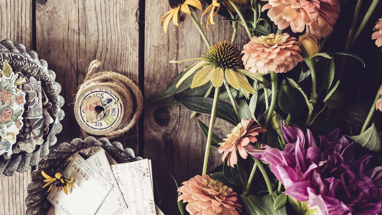 Wallpaper flowers, paper, wood, string, aesthetics