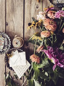 Preview wallpaper flowers, paper, wood, string, aesthetics