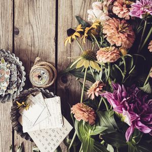 Preview wallpaper flowers, paper, wood, string, aesthetics