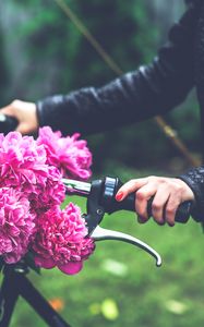 Preview wallpaper flowers, peonies, bicycle, hand