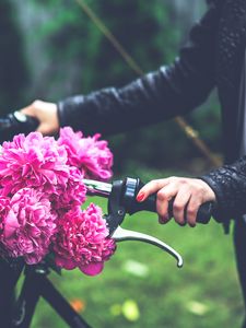 Preview wallpaper flowers, peonies, bicycle, hand