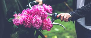 Preview wallpaper flowers, peonies, bicycle, hand