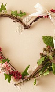 Preview wallpaper flowers, plants, branches, stems, wreath, berries, ribbon