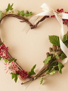 Preview wallpaper flowers, plants, branches, stems, wreath, berries, ribbon