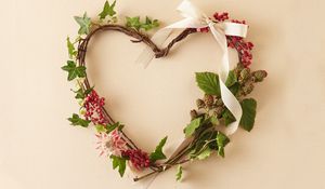 Preview wallpaper flowers, plants, branches, stems, wreath, berries, ribbon