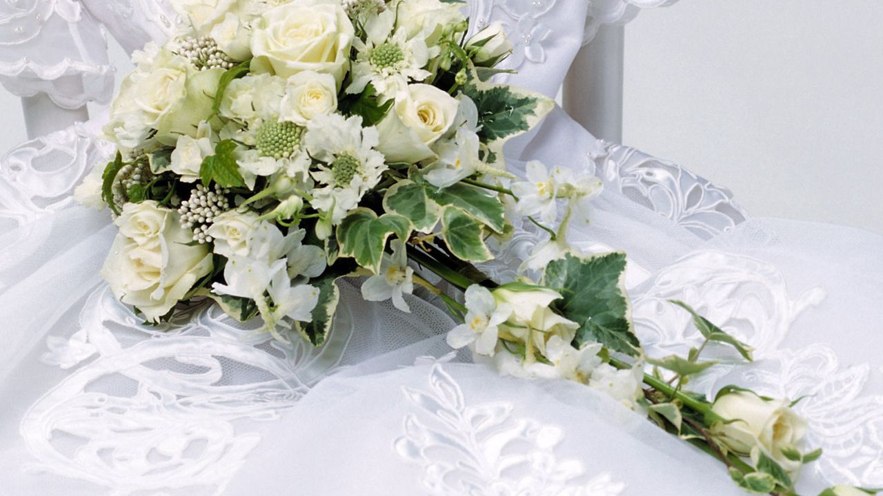 Wallpaper flowers, roses, bouquet, wedding dress