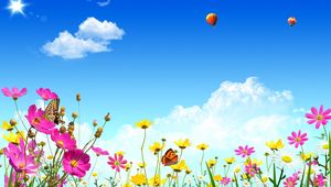 Preview wallpaper flowers, sky, butterflies, balloons