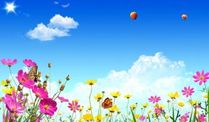 Preview wallpaper flowers, sky, butterflies, balloons