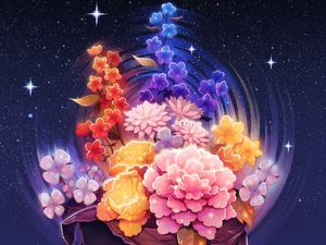 Preview wallpaper flowers, stars, art, space, starry sky