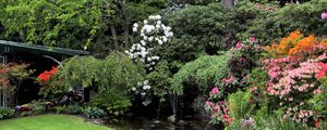 Preview wallpaper flowers, trees, fountain, lawn, garden