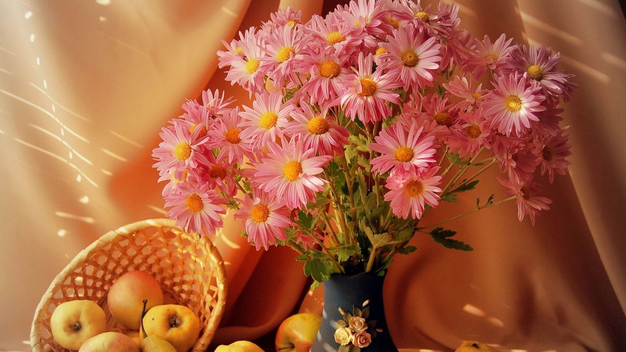 Wallpaper flowers, vase, fruit, basket, table, stilllife