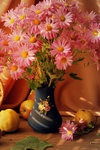 Preview wallpaper flowers, vase, fruit, basket, table, stilllife