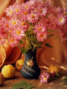 Preview wallpaper flowers, vase, fruit, basket, table, stilllife