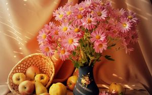 Preview wallpaper flowers, vase, fruit, basket, table, stilllife