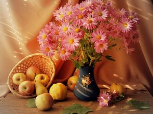 Preview wallpaper flowers, vase, fruit, basket, table, stilllife
