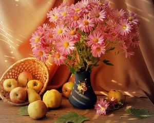 Preview wallpaper flowers, vase, fruit, basket, table, stilllife