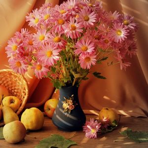 Preview wallpaper flowers, vase, fruit, basket, table, stilllife