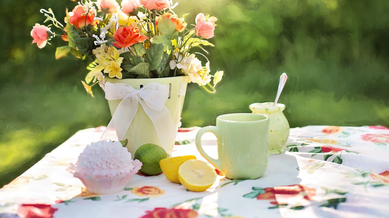 Wallpaper flowers, vase, tableware, lime