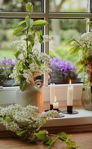 Preview wallpaper flowers, vases, candles, window, light