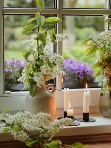 Preview wallpaper flowers, vases, candles, window, light