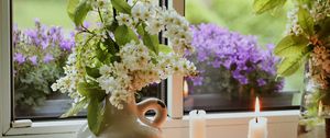 Preview wallpaper flowers, vases, candles, window, light