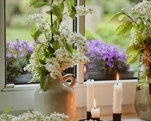 Preview wallpaper flowers, vases, candles, window, light