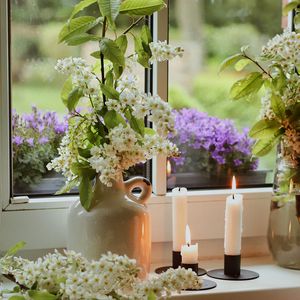 Preview wallpaper flowers, vases, candles, window, light