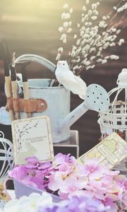 Preview wallpaper flowers, watering can, bird, decoration, light
