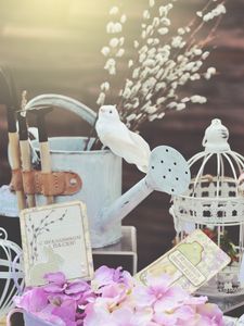 Preview wallpaper flowers, watering can, bird, decoration, light