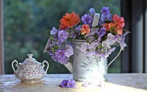 Preview wallpaper flowers, watering can, table, china