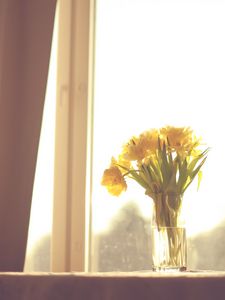 Preview wallpaper flowers, yellow, bouquet, vase, window, light