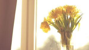 Preview wallpaper flowers, yellow, bouquet, vase, window, light