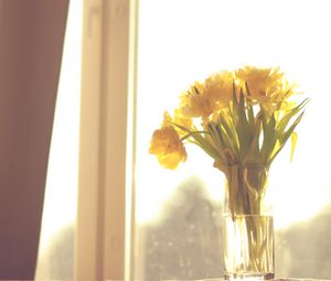 Preview wallpaper flowers, yellow, bouquet, vase, window, light