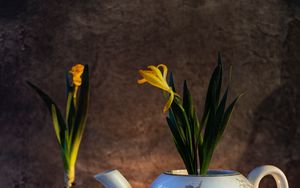 Preview wallpaper flowers, yellow, kettle, mug, table