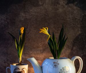 Preview wallpaper flowers, yellow, kettle, mug, table