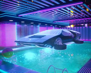 Preview wallpaper flying car, swimming pool, neon, cyberpunk, art