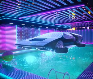 Preview wallpaper flying car, swimming pool, neon, cyberpunk, art