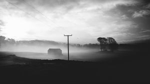 Preview wallpaper fog, dusk, landscape, bw, gloomy