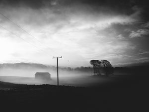 Preview wallpaper fog, dusk, landscape, bw, gloomy